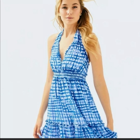 Lilly Pulitzer Dresses & Skirts - Lilly Pulitzer Cailee Halter Dress Blue Gingham Feelin Beachy Ruffle